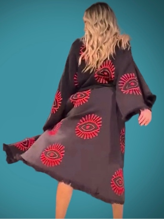 Turkan Home Other - Red Eye Woven Kimono Duster Robe Black Runway Boho Resort Cover Up NEW